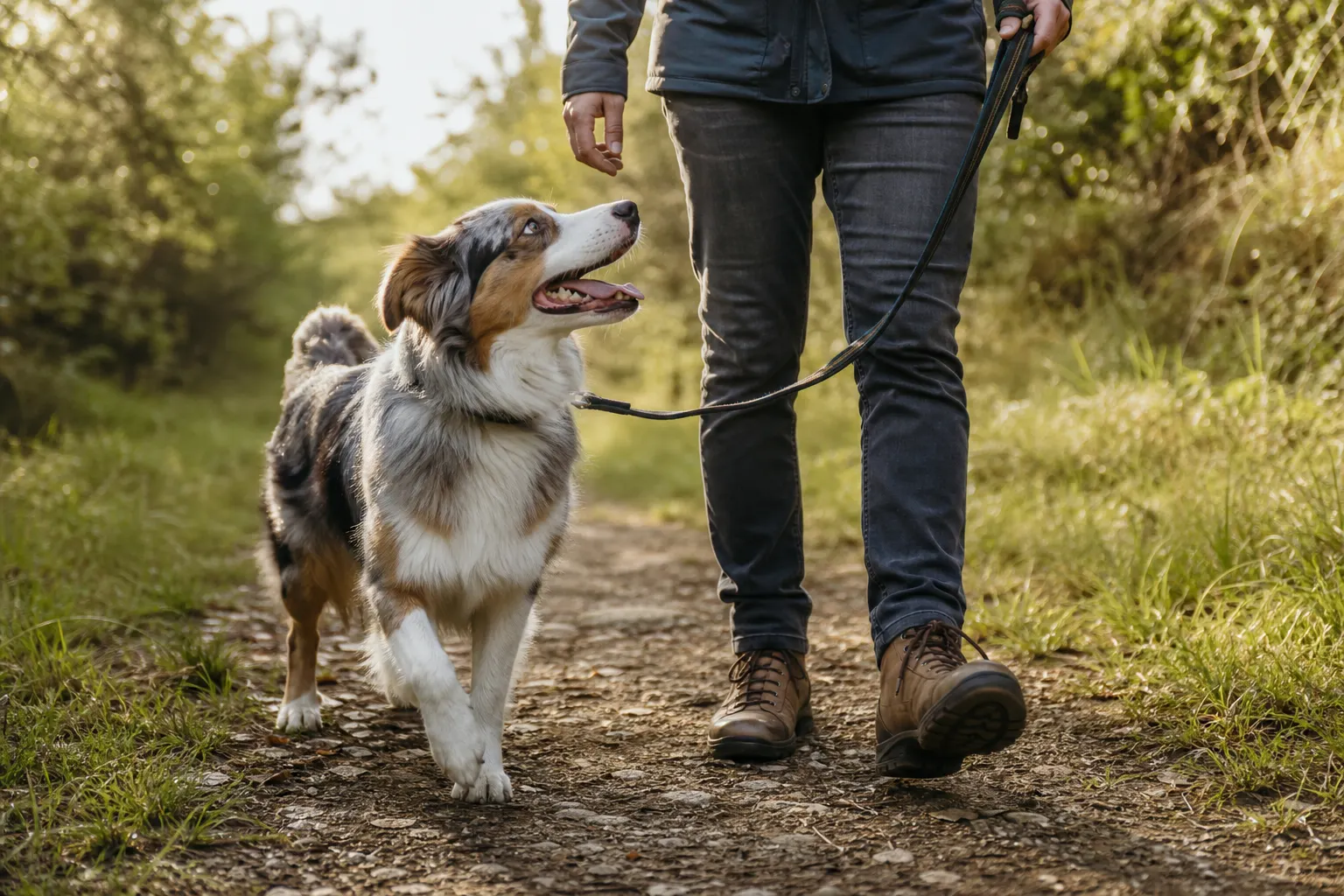 Berger Australien en balade active sur un chemin forestier